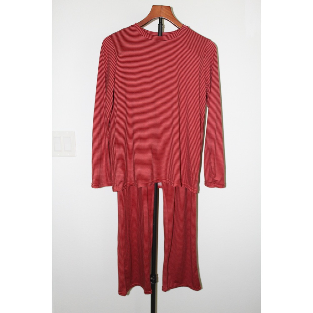 Real Essentials Women's Red Black Striped Pajama Set Long Sleeve Wide‎ Leg Small